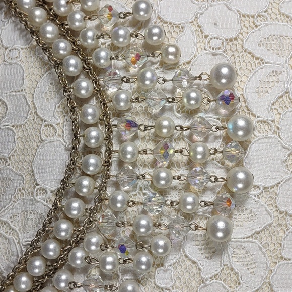 Vintage Bib Style Faux Pearl/AB Crystal Goldtone Necklace - Picture 2 of 10